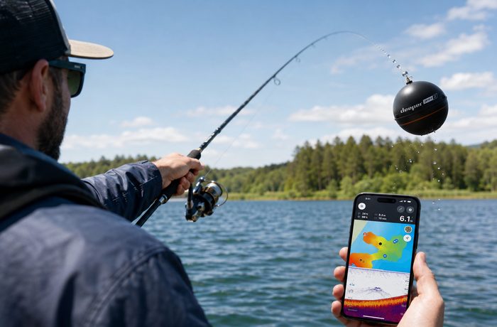 Angler using Deeper PRO+ 2 castable sonar with smartphone