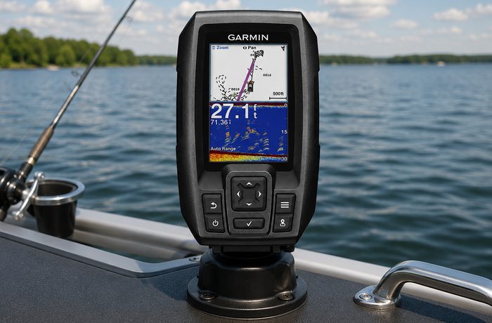 Garmin Striker 4 fish finder with CHIRP sonar display mounted on boat