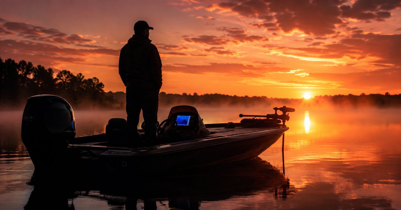 Angler on a bass boat at sunset with a glowing fish finder on the console