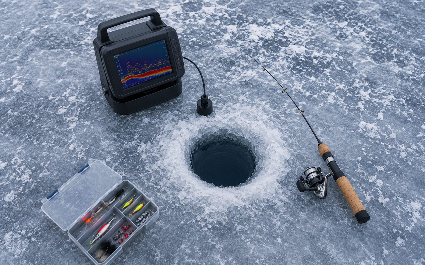 Overhead view of an ice fishing setup with a portable fish finder, ice hole, rod, and tackle box on frozen lake