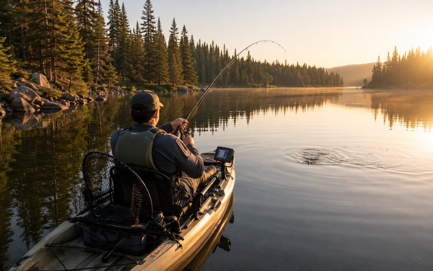 Angler kayak fishing on a calm mountain lake at sunrise with a compact fish finder mounted on the kayak