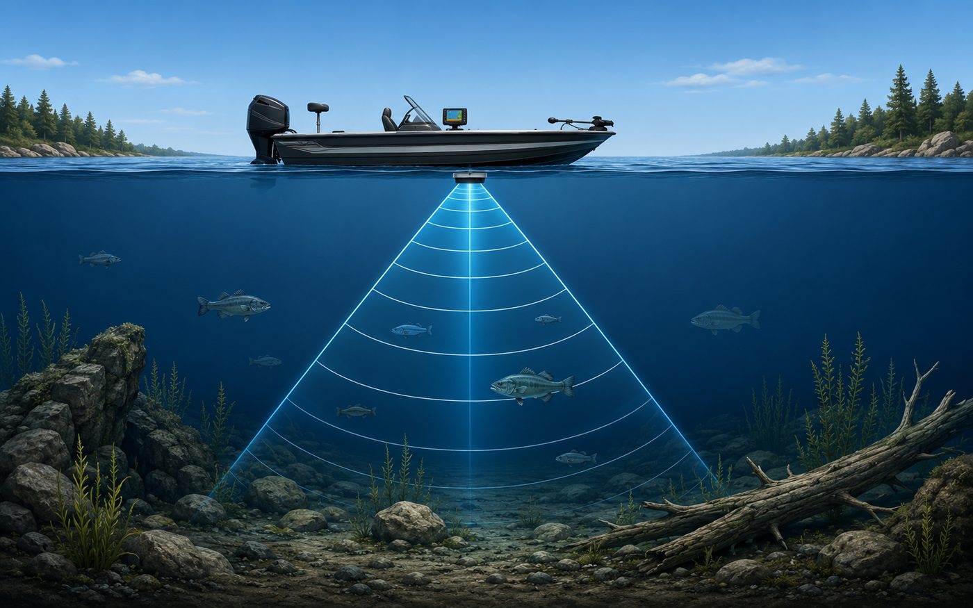 Cross-section illustration of a fish finder sonar beam scanning underwater structure, fish, and the lake bottom
